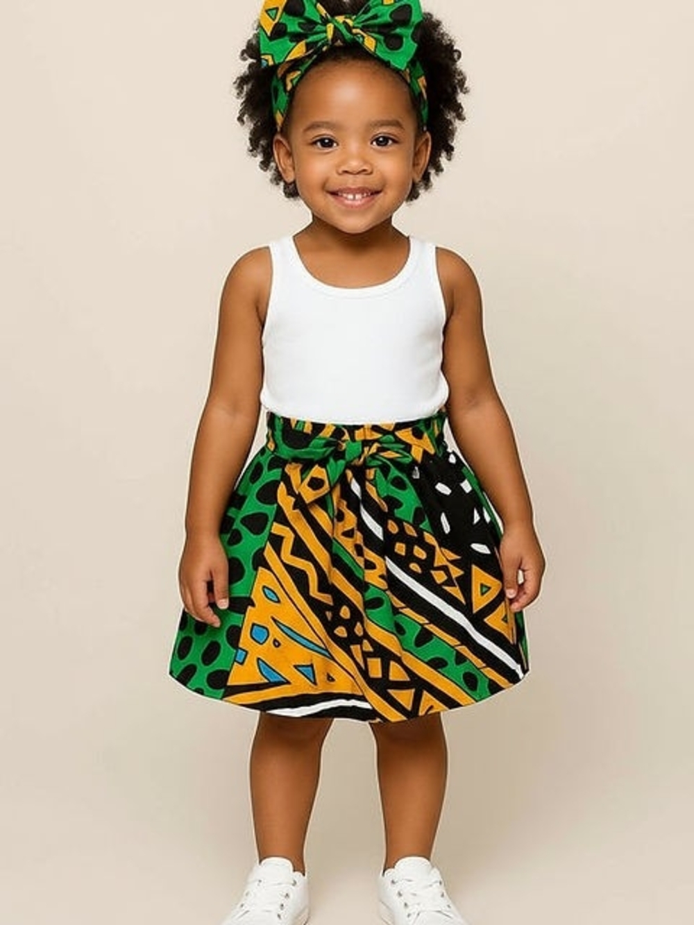Girls Green & Yellow Printed Skirt with Bow